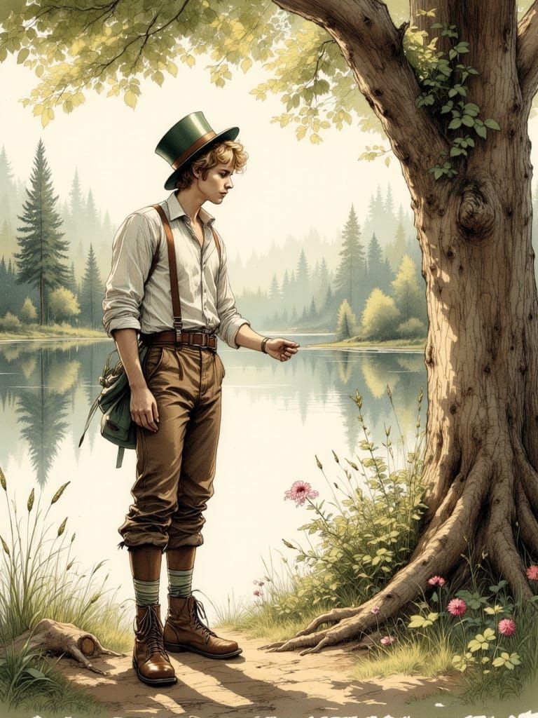 Whimsical Man by Tree in Enchanted Woodland