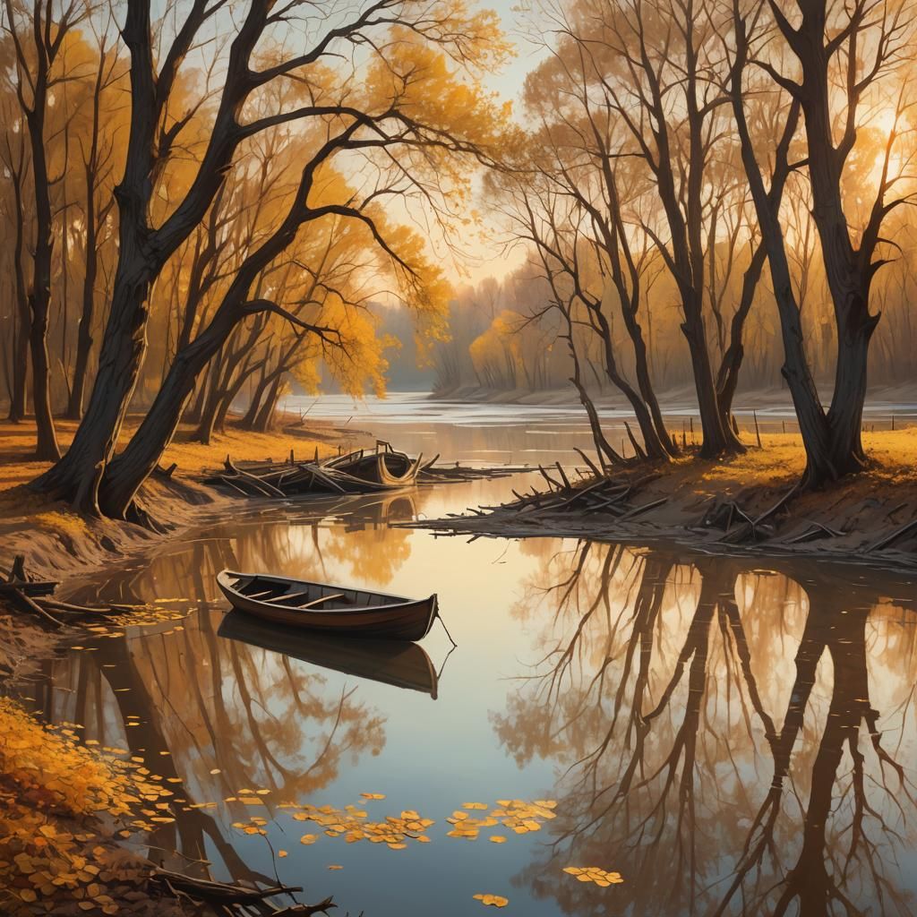 a yellow river that winds far away, on the banks grow trees ...