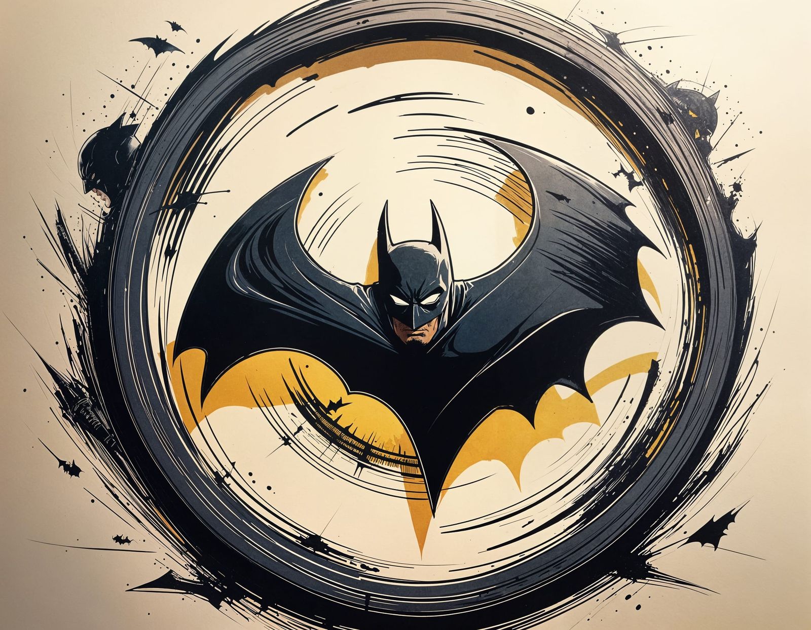 Surreal Cartoon Bat-Signal Logo in Smooth Ink Drawing Style