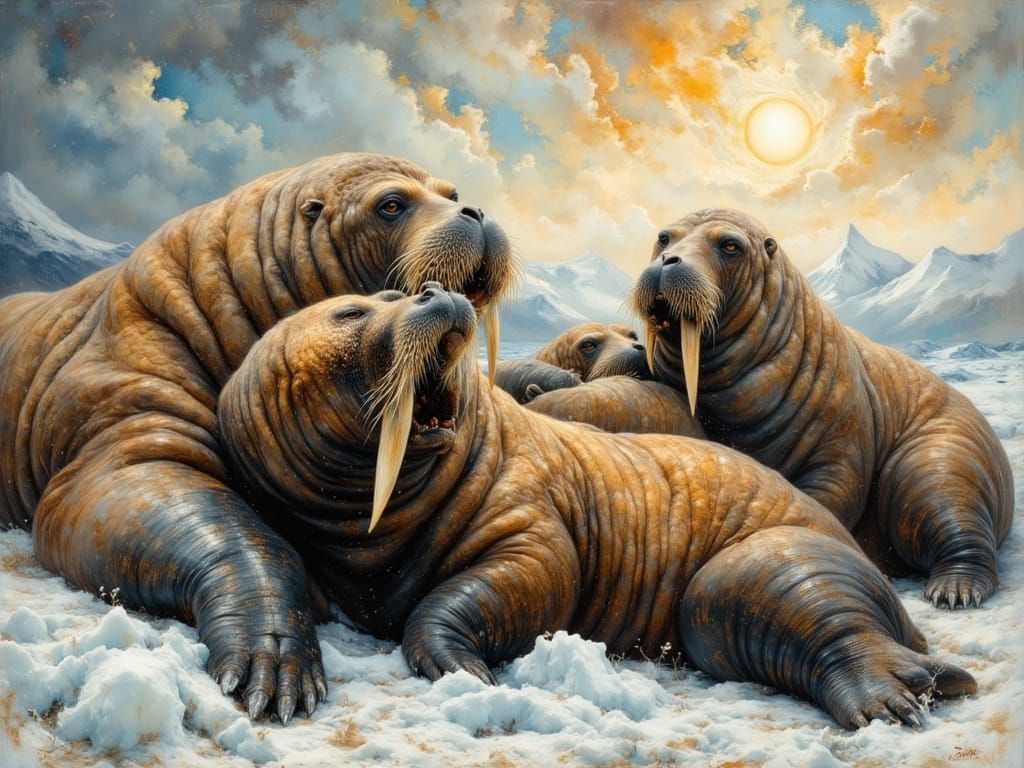Impasto Oil Painting of Walruses in Sepia Tones