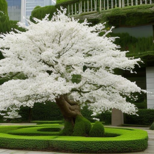 White blossom specimen tree with gnarled trunk, white flower...