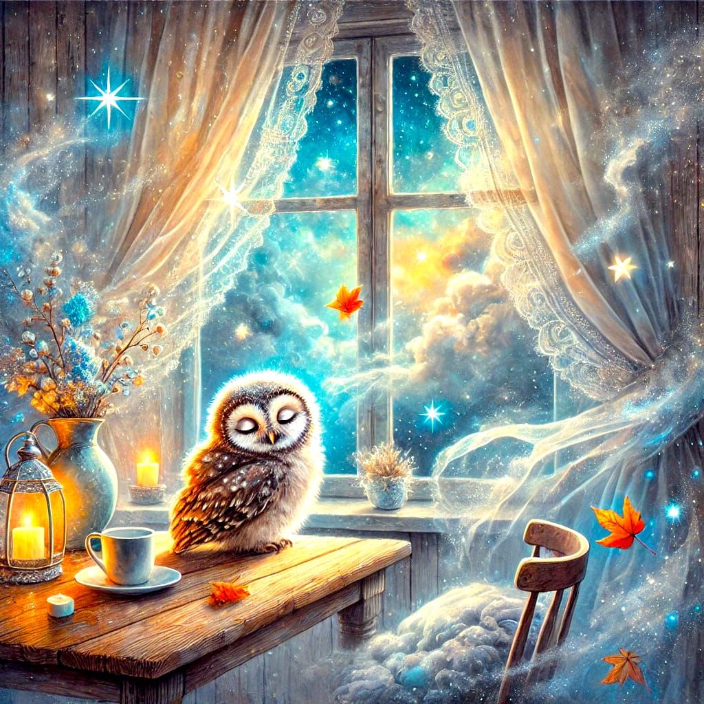 Sleeping Owl by a Starlit Window  by @undefined