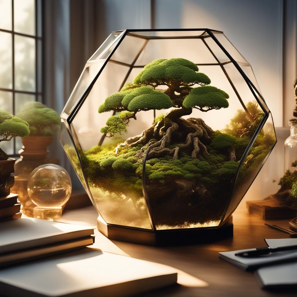 A terrarium with moss and a stunning bonsai tree in a glass dodecahedron.  by @Simon C
