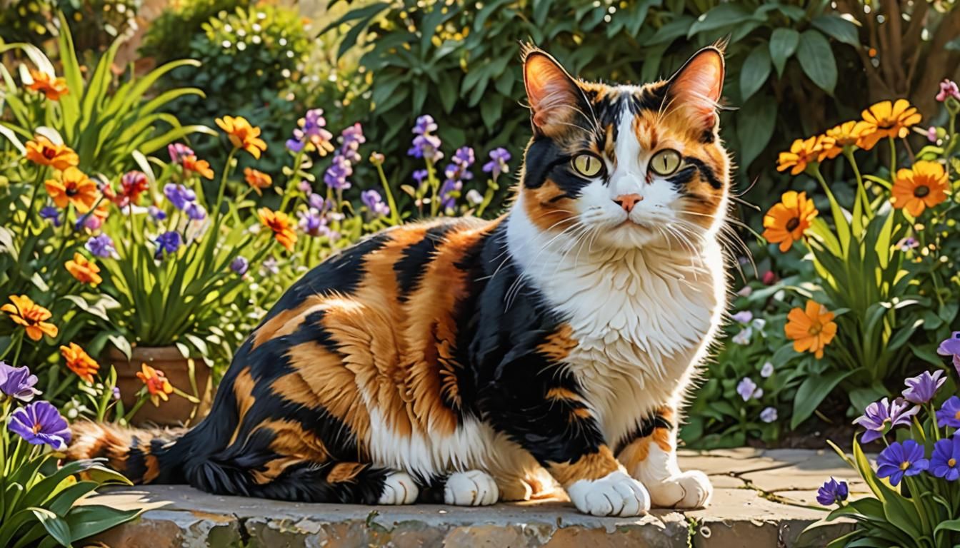 Playful Calico Cat in a Sunlit Garden

Description:

Imagine...