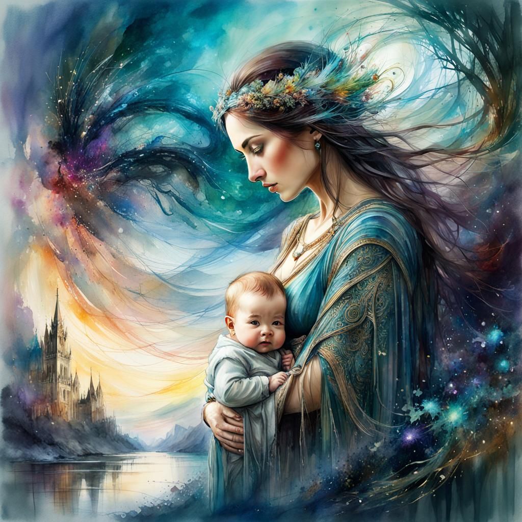 Mother and Baby Watercolor Fantasy - AI Generated Artwork - NightCafe ...