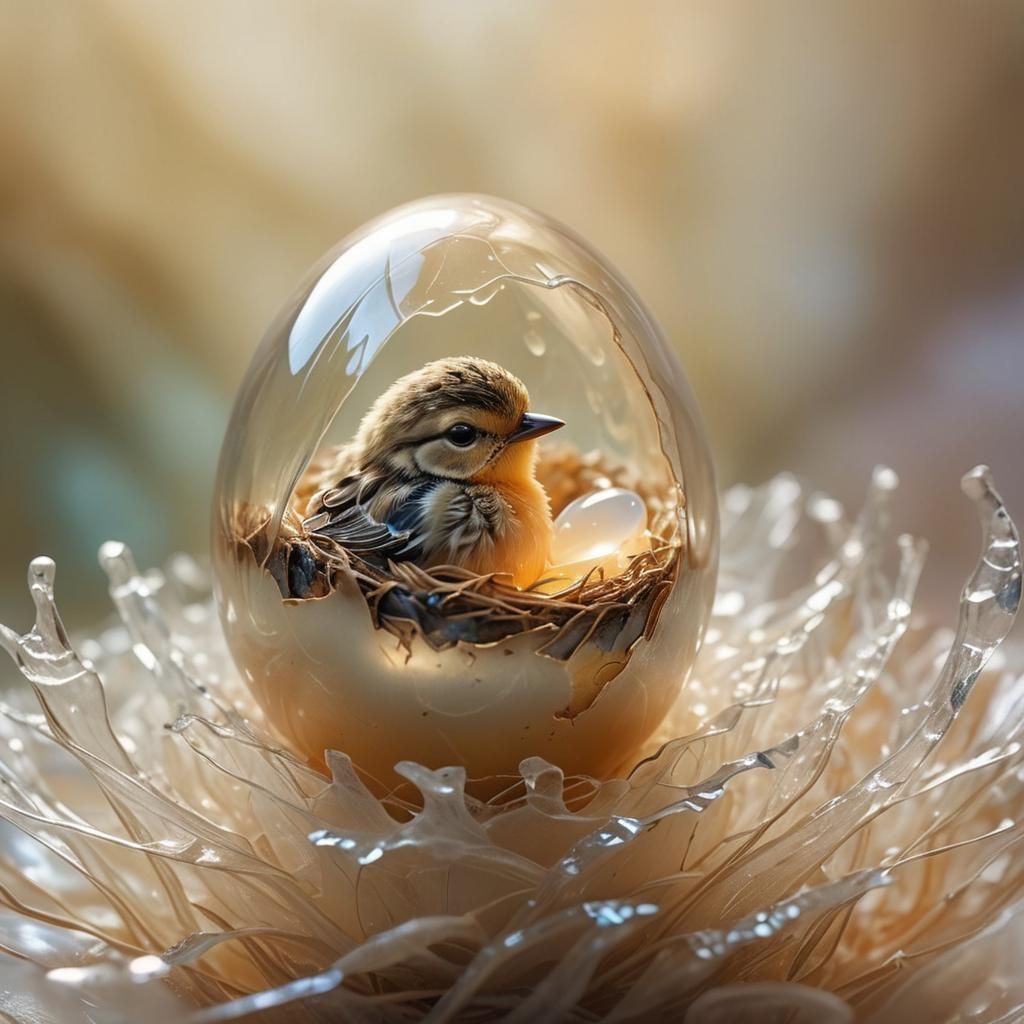 Magical realism. Close-up. Little baby bird sleeping in an egg made of glass. Macro photography. Dreamy, ...  by @Charlotte kitty