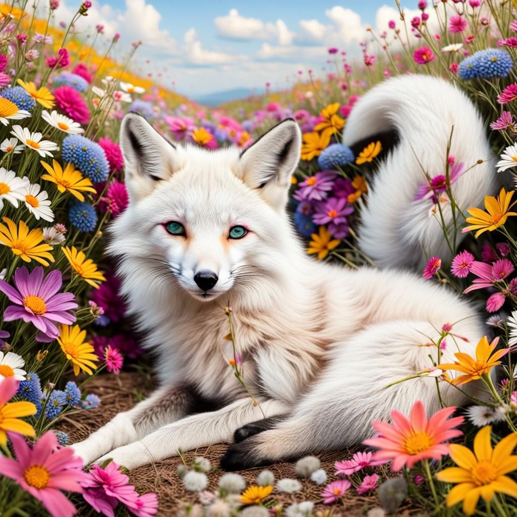 White fox laying in a filed of multi-colored flowers