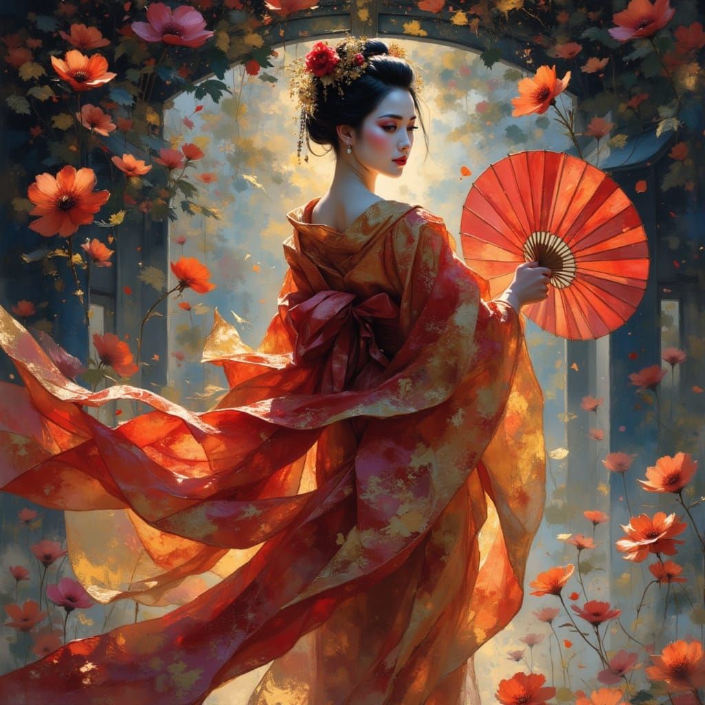 Sensual Geisha Dance in Dappled Light, Romantic Night Sky