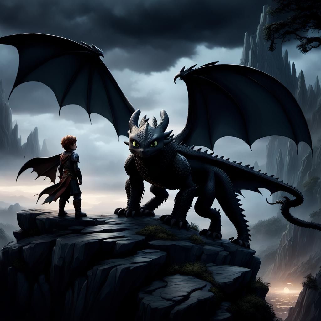 How to train your dragon, toothless, hiccup, black dragon, night fury, Viking, powerful stance, dream works, Alphonse Mucha style, Art Nouve...