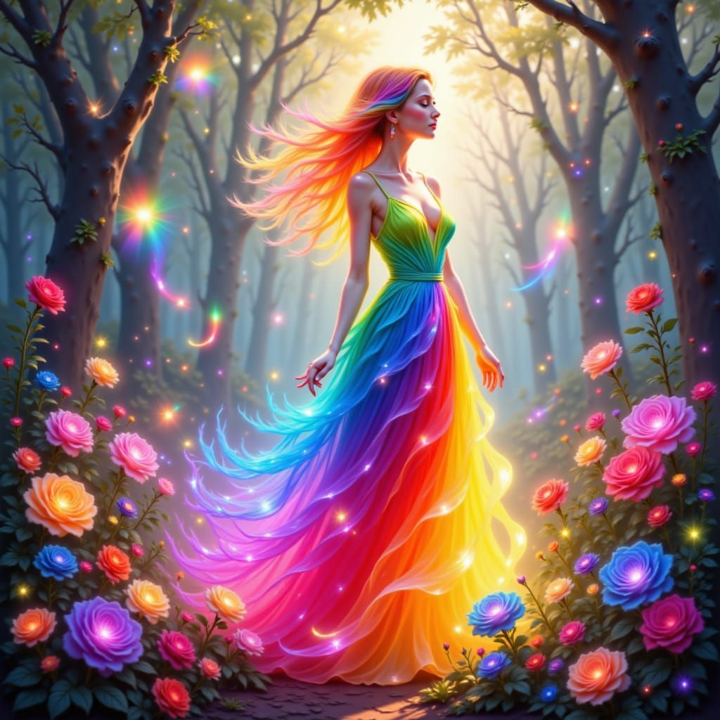 colorfull rainbow woman and colorfull rainbow rose of colorfull rainbow fire and colorfull rainbow fog . <lora:The Rainbow of Red:1.0>