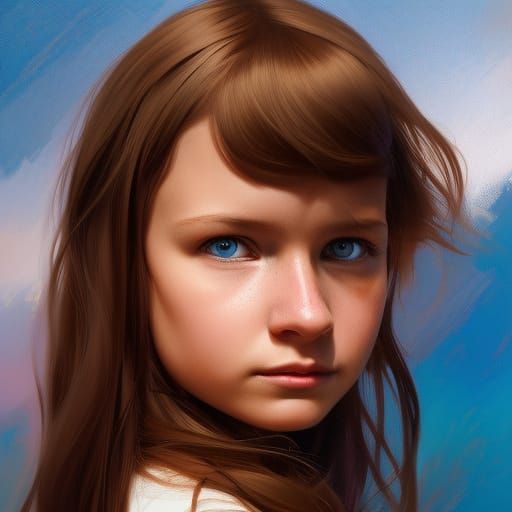 gloria, 9 years old, female, long brown hair, blue eyes - AI Generated ...