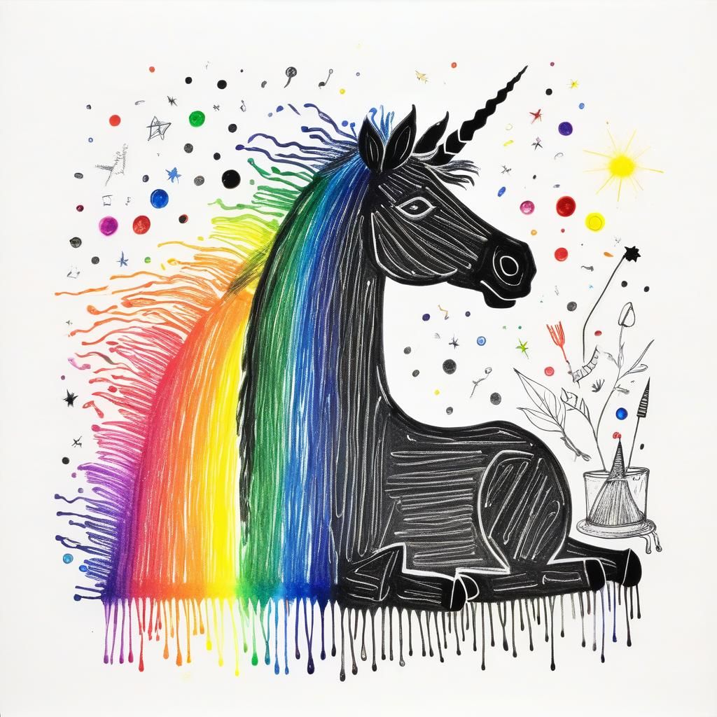 Kids Crayon drawings ,surreal  friendly unicorn , child's dr...