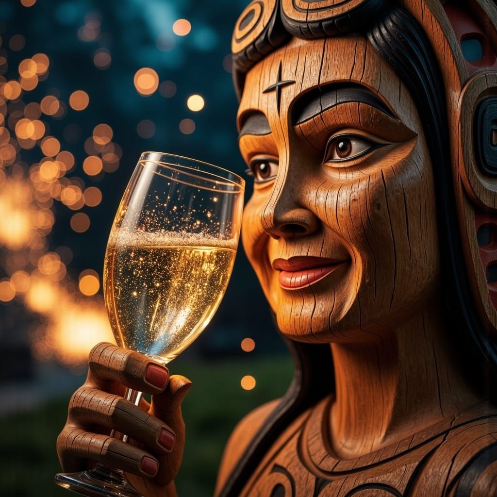 <lora:PacificNW FL:1.0>A close-up of a smiling person holding a champagne glass, sparkling fireworks reflecting in their eyes as the night...