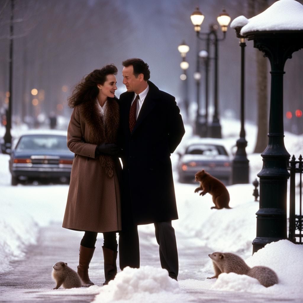 Andie MacDowell as Rita, and Tom Hanks as Phil, Groundhog Day movie