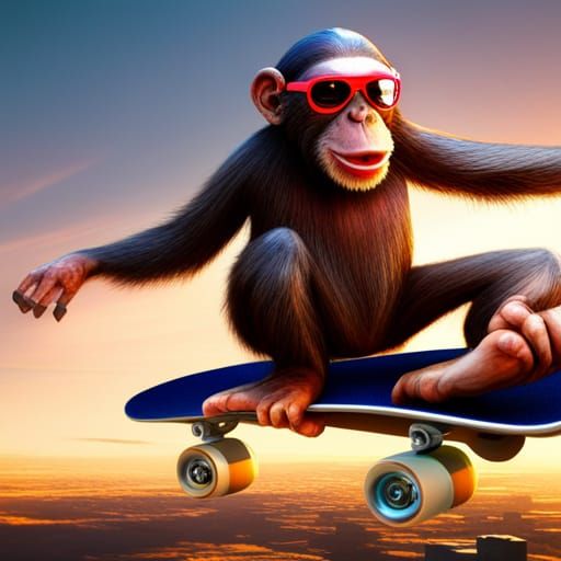 Chimpanzee on a skateboard, Hawaiin shirt, sunglasses, 8k re...