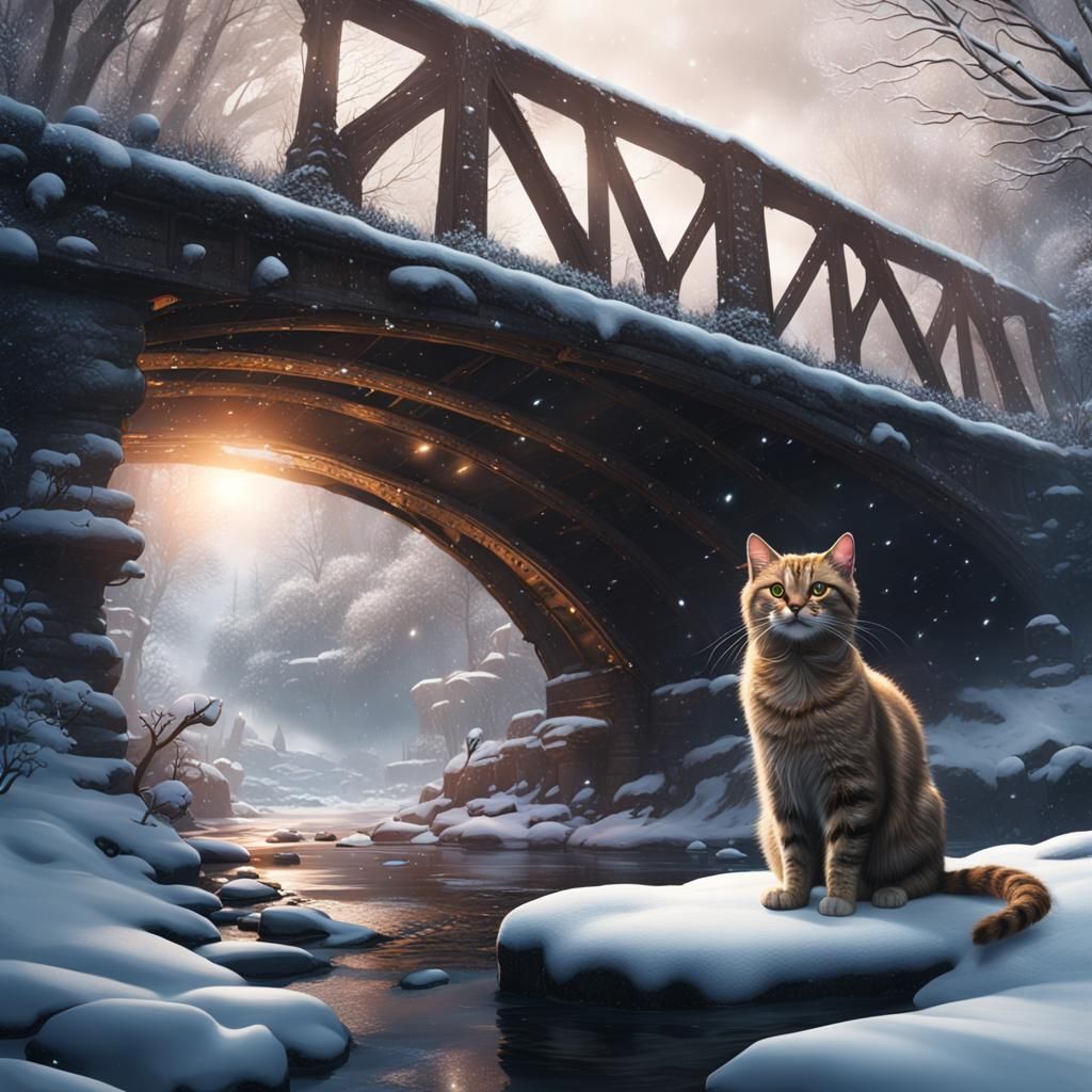 cat under snowy bridge