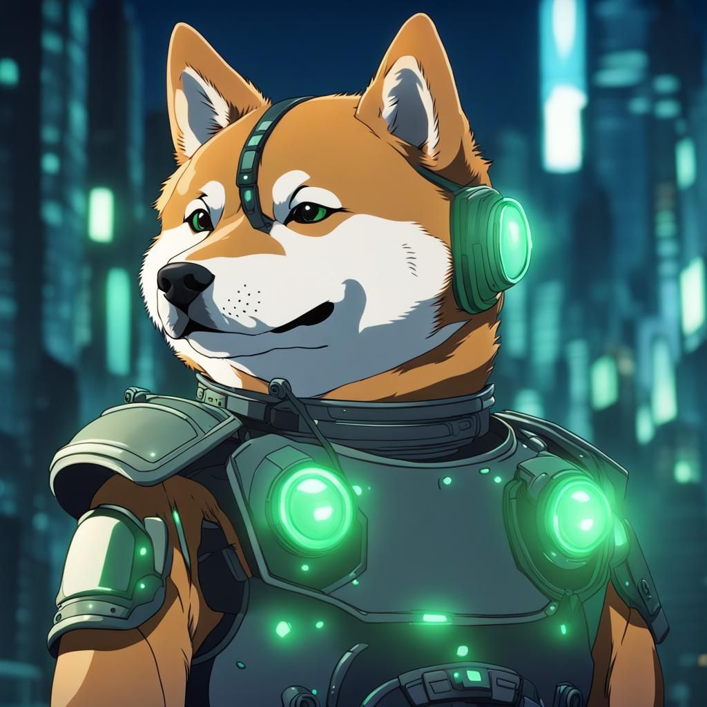 Shiba Inu wearing a futuristic armour with night vision gogl...