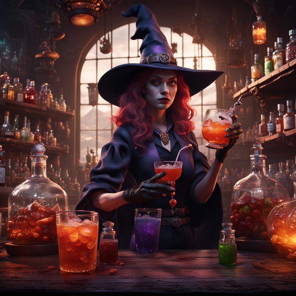 A Bartender Witch At A Witch Bar Making A Poison Drink Ai Generated