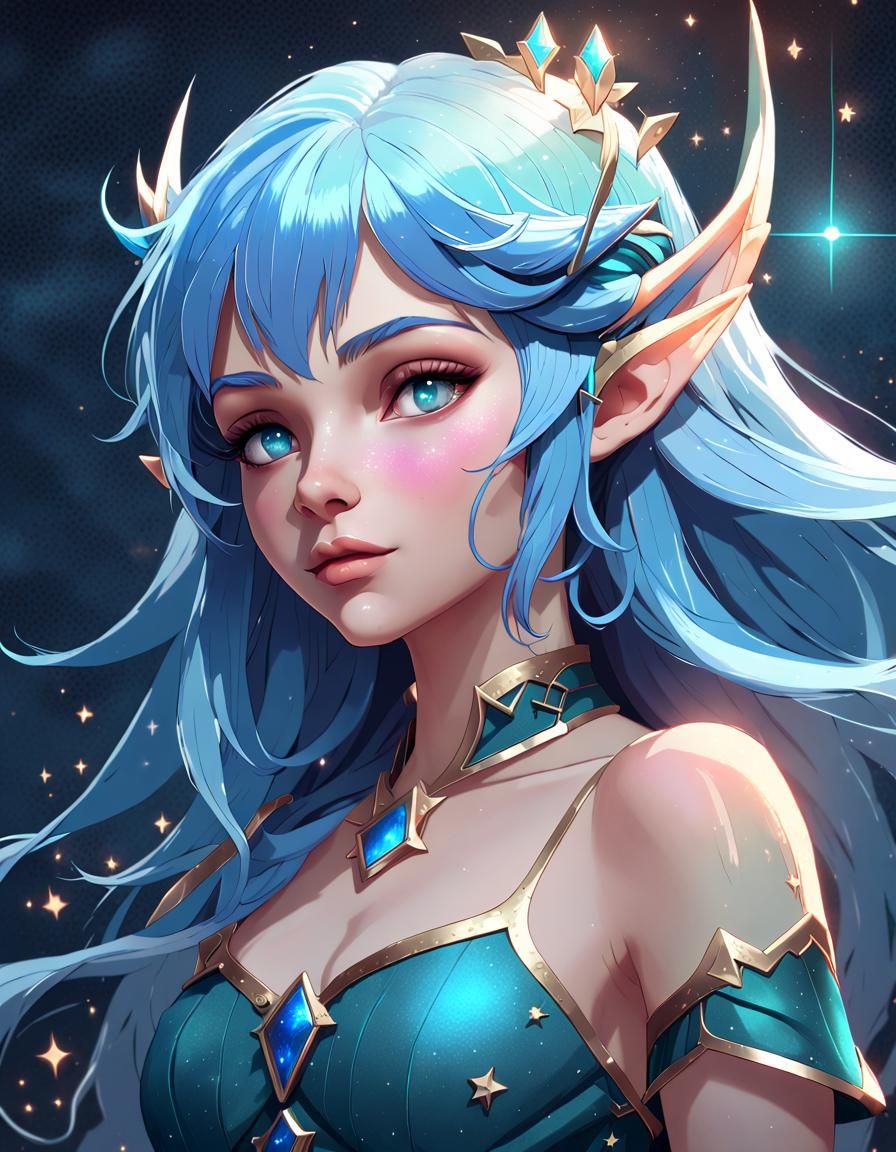 Blue haired elf princess among the night stars - AI Generated Artwork ...