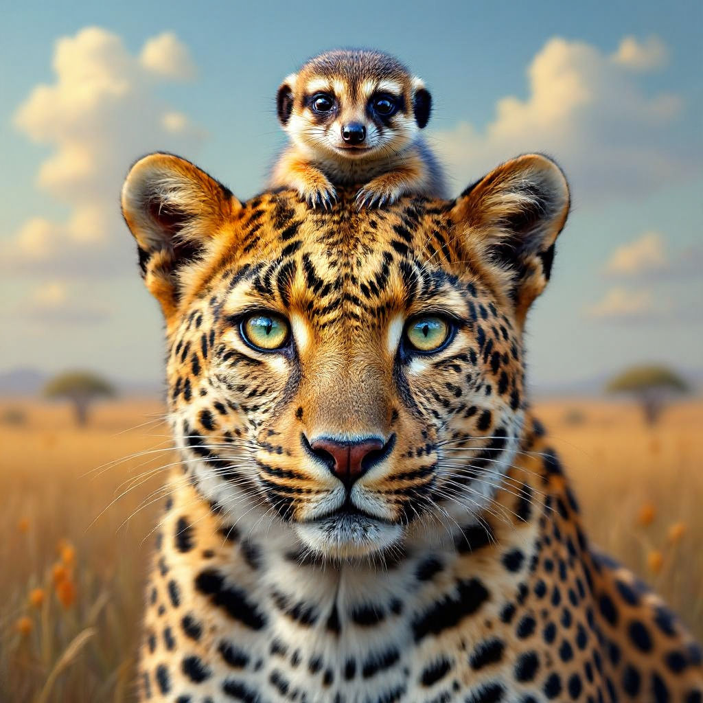 A Leopard with a 
Meerkat sitting on his head