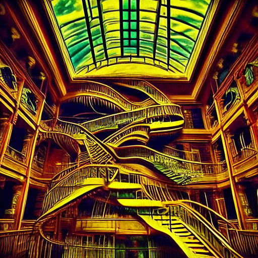 Ethereal Figure Descends Infinite Staircase in Vibrant Surre...