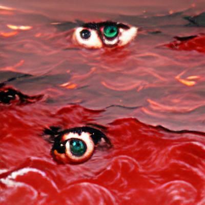 Floating eyes looking at sea of blood