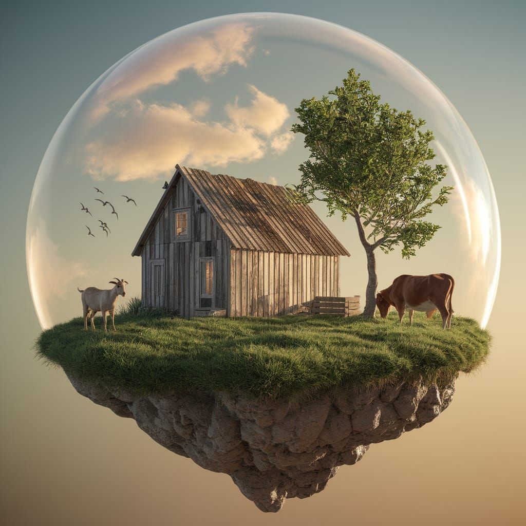 Whimsical Floating Island with Rustic Cabin and Grazing Live...