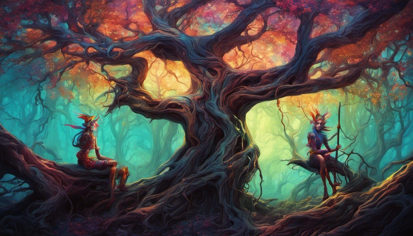 playful psychedelic wood elves sitting on tree branches in p...