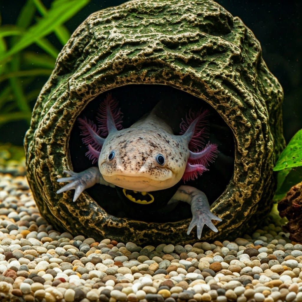 An axolotl dressed as batman in a fish aquarium sticking his head out of cave  by @Dantonio