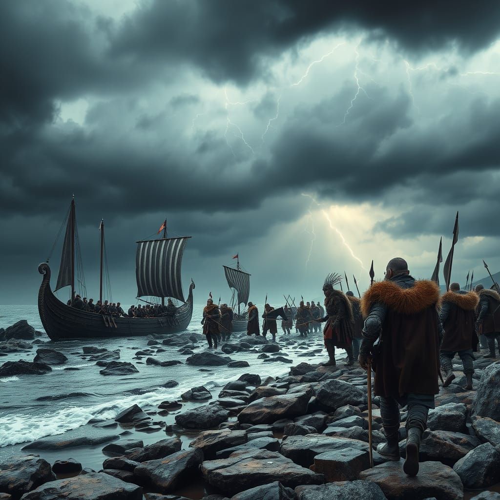 "Viking warriors arriving on a shore with longships, stormy sky above, epic scale, 8K"





