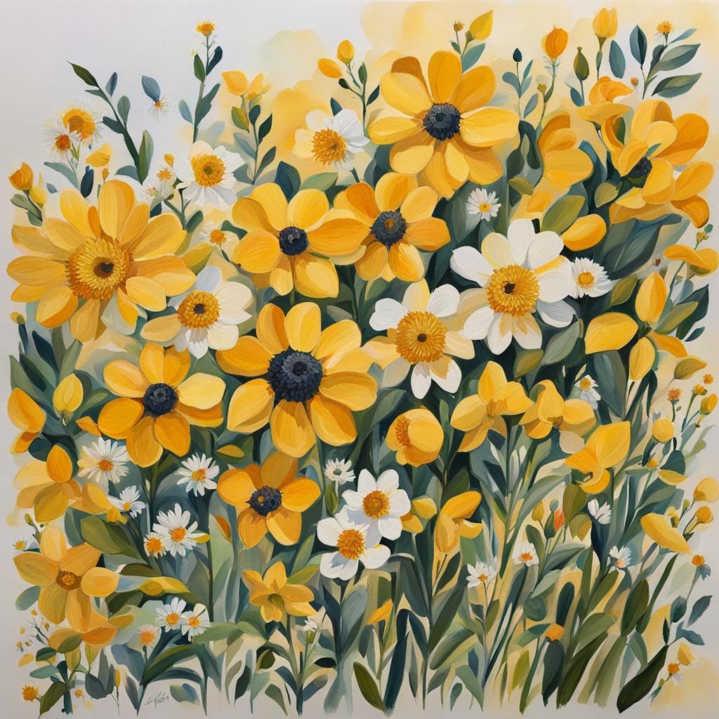 Detailed Gouache Painting of Yellow and White Flowers
