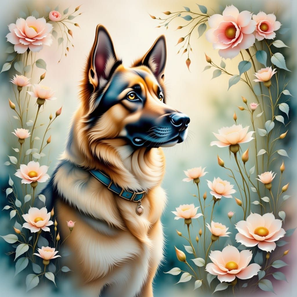<lora:Etherealisim:1.0> Alcohol ink painting with softly glowing mist swirls. Closeup shot. A beautiful Alsatian dog amidst delicate vines a...