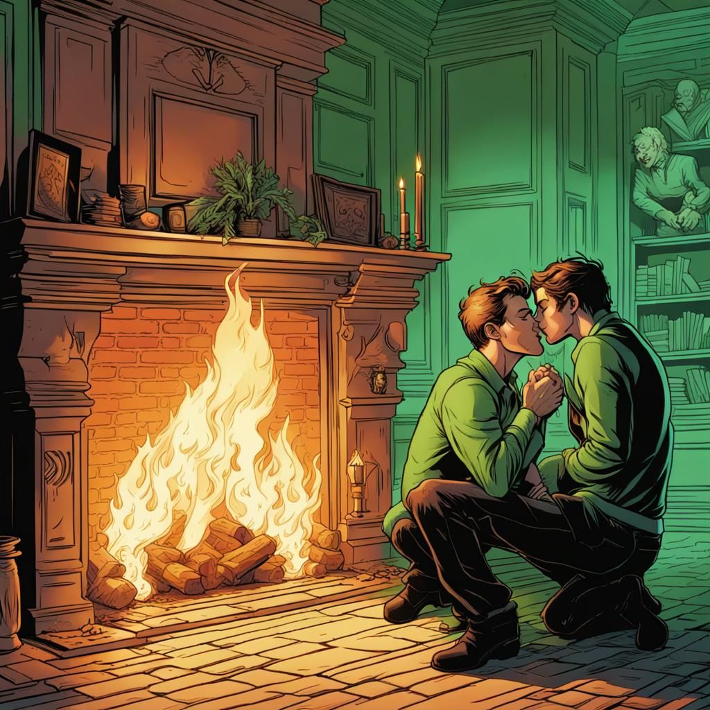 Sweet kiss near the fireplace