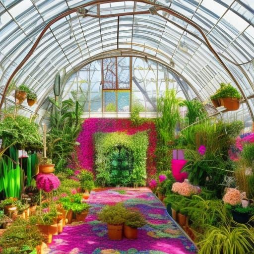 Very Pink Greenhouse with a Living Wall AI Generated Artwork