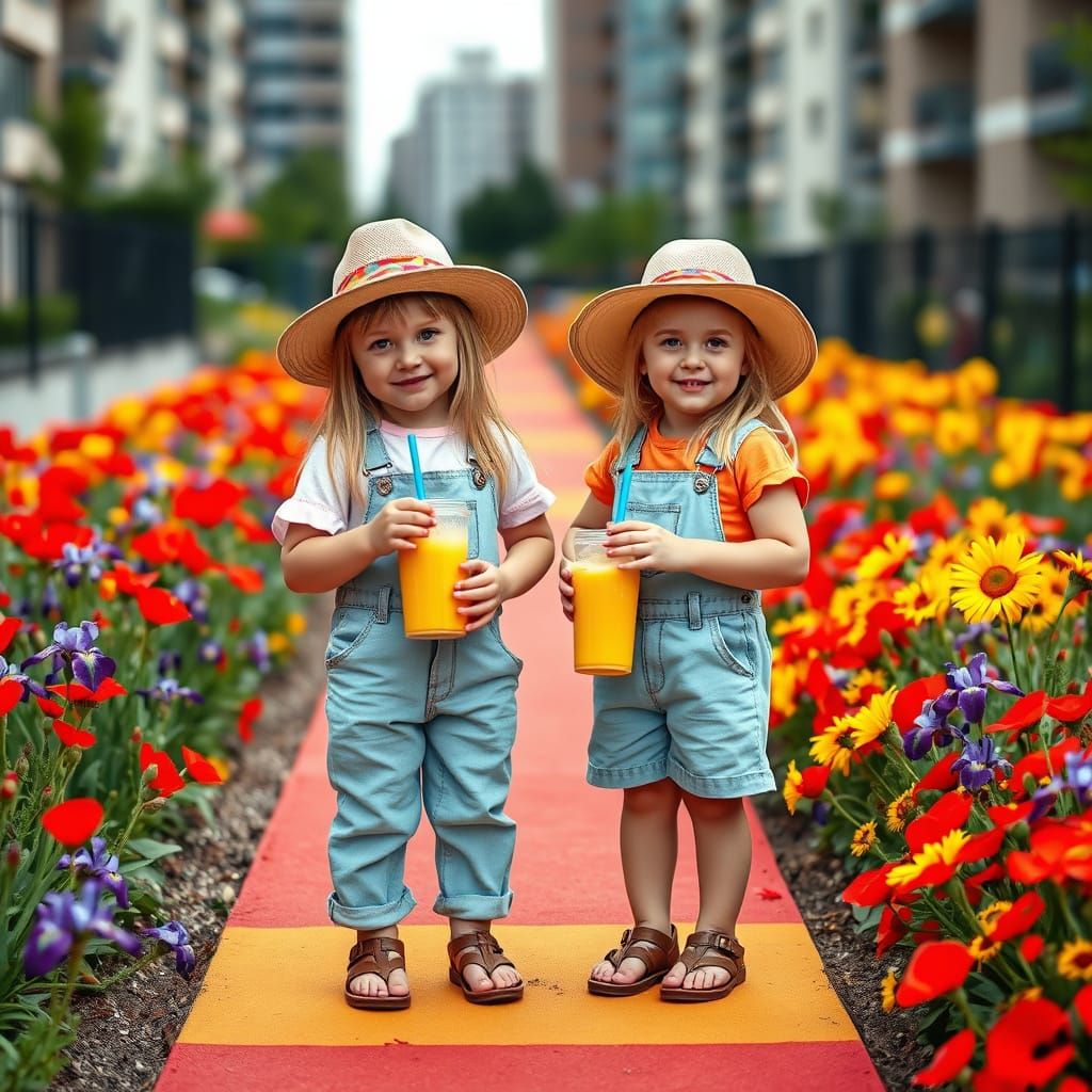 Twins in Whimsical Urban Playground