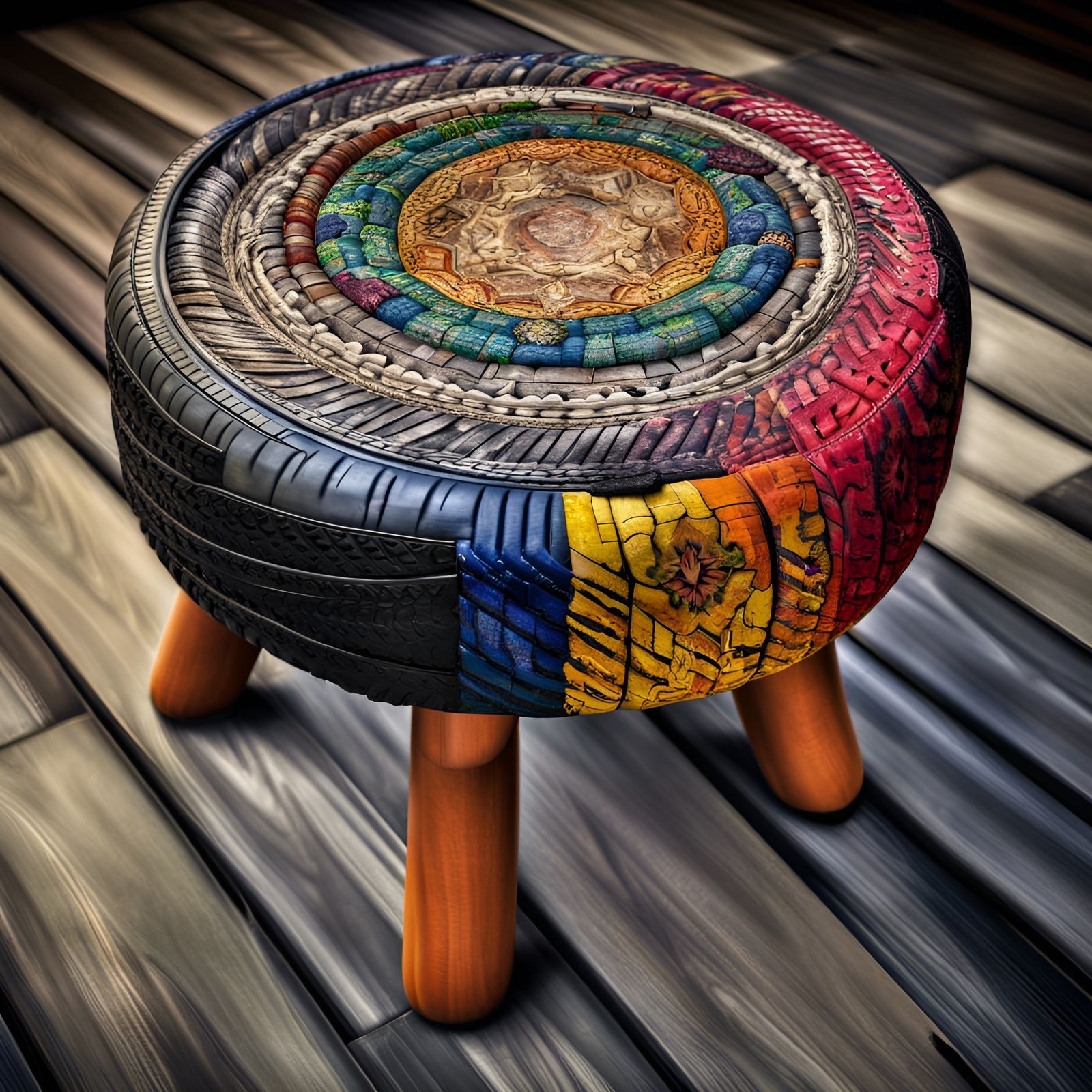 a recycled tire covered in colorful material with wooden legs for a foot stool intricate details, HDR, ...  by @Patsy 