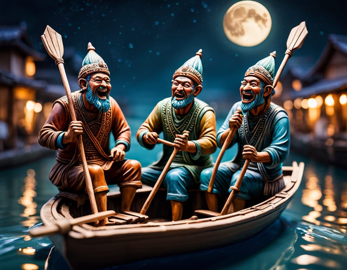 Rowing (Arguing) men in a Rowboat with Rows (Oars) sitting in a Row