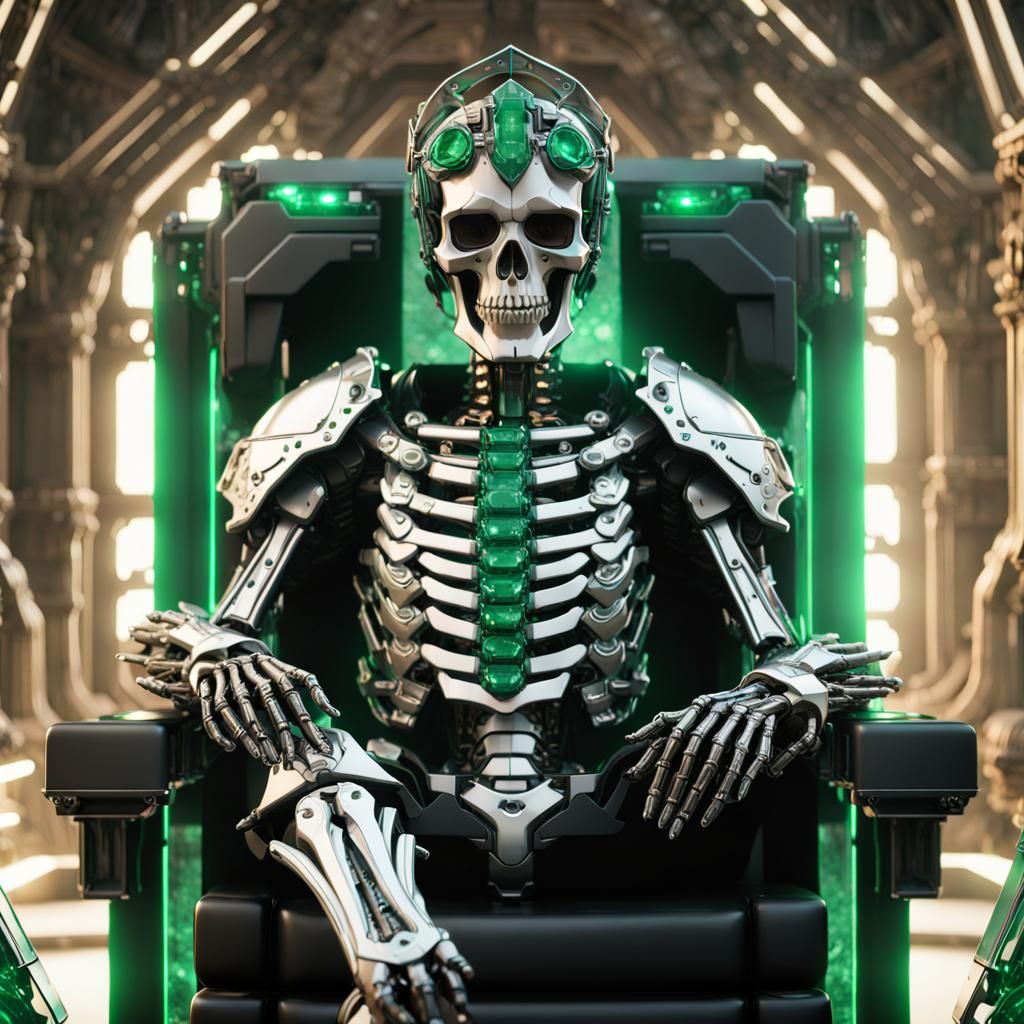 A skeleton in black armor sitting on a throne made of emeral...