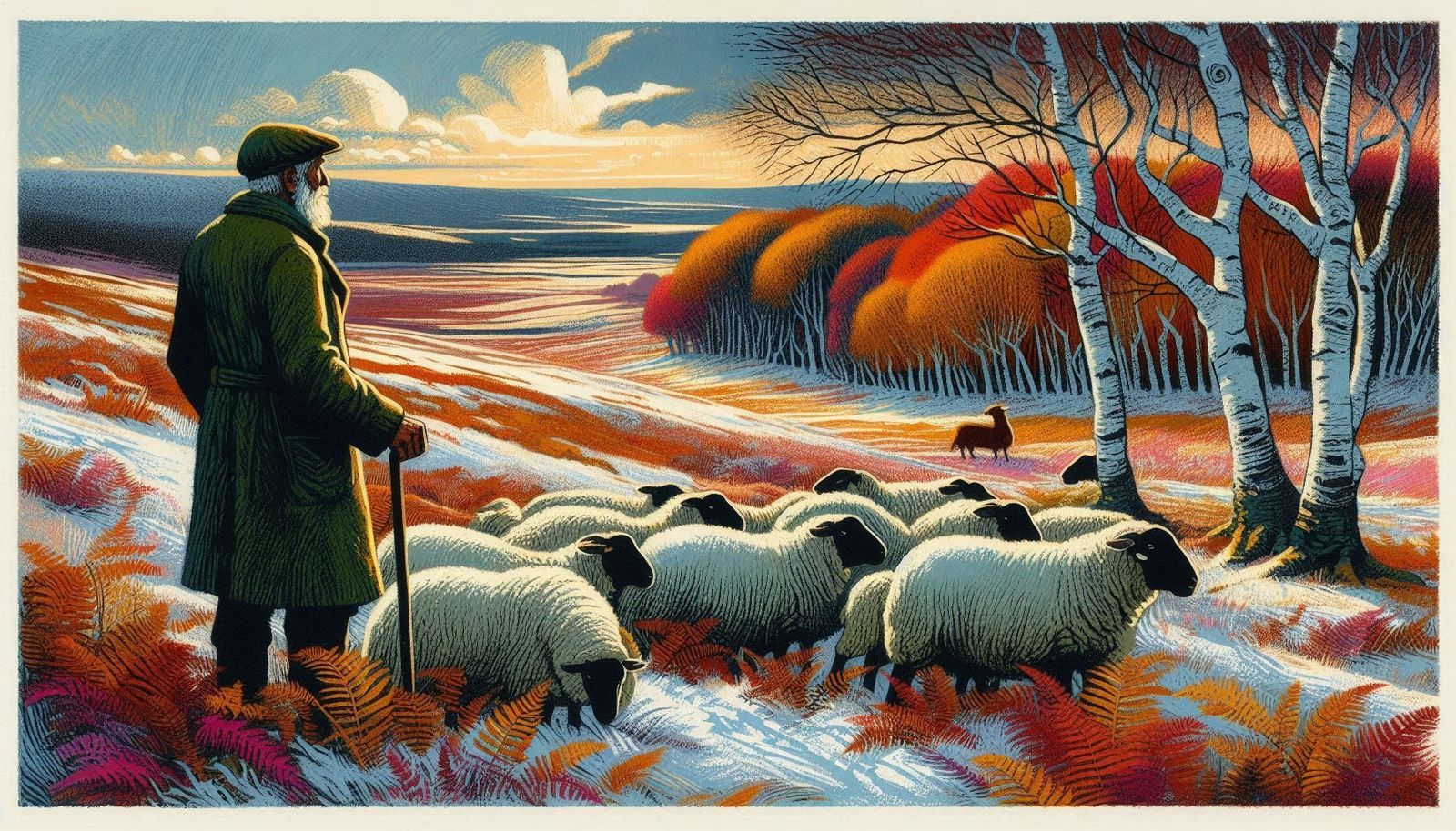 First snow on the autumn-colored heath and moor landscape, t...