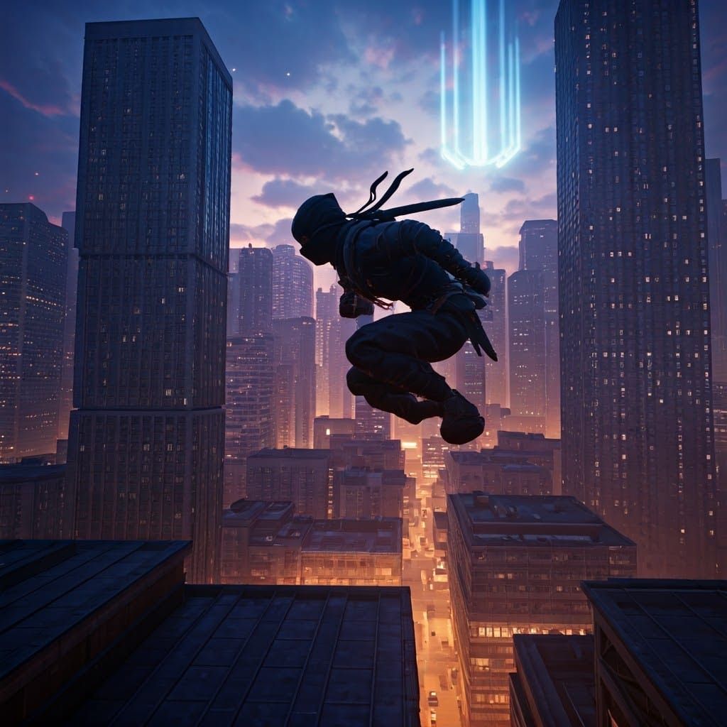 נינג'ה חמקמק קופץ מעל גגות בניינים גבוהים, בעוד שהוא רודף אחר אויבו המושבע.