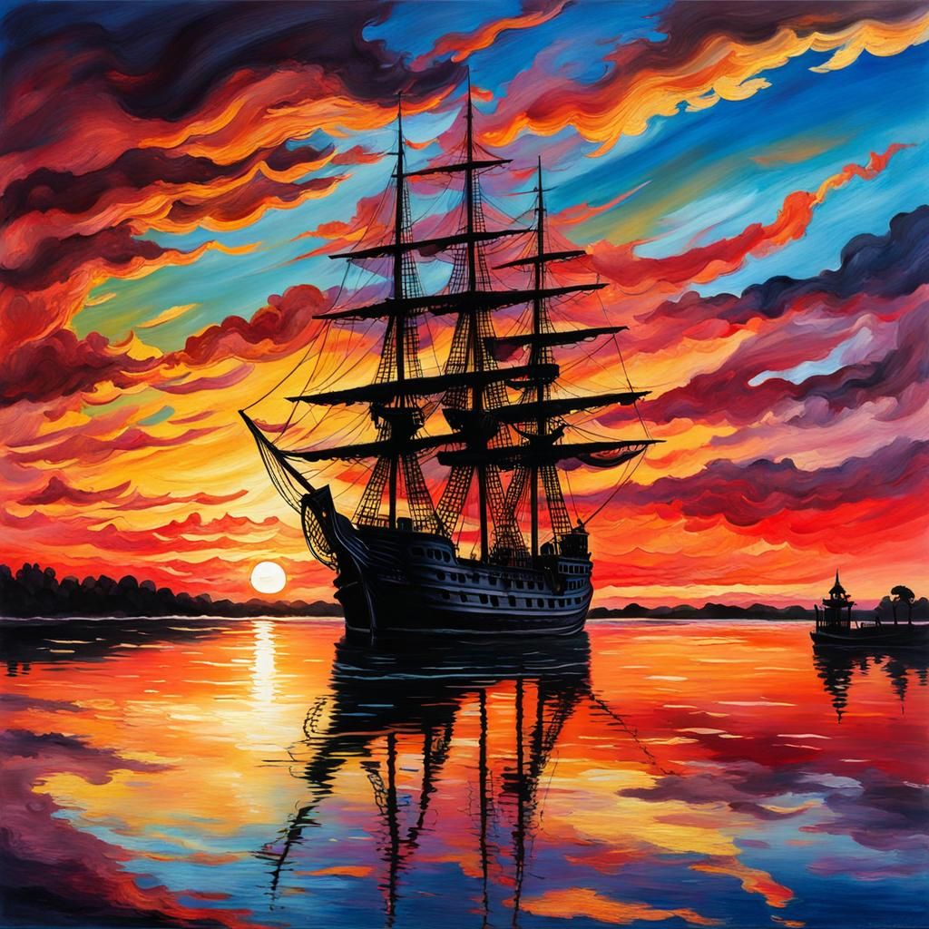 Multi color Sunset, reflection of pirate ship and sky on the...