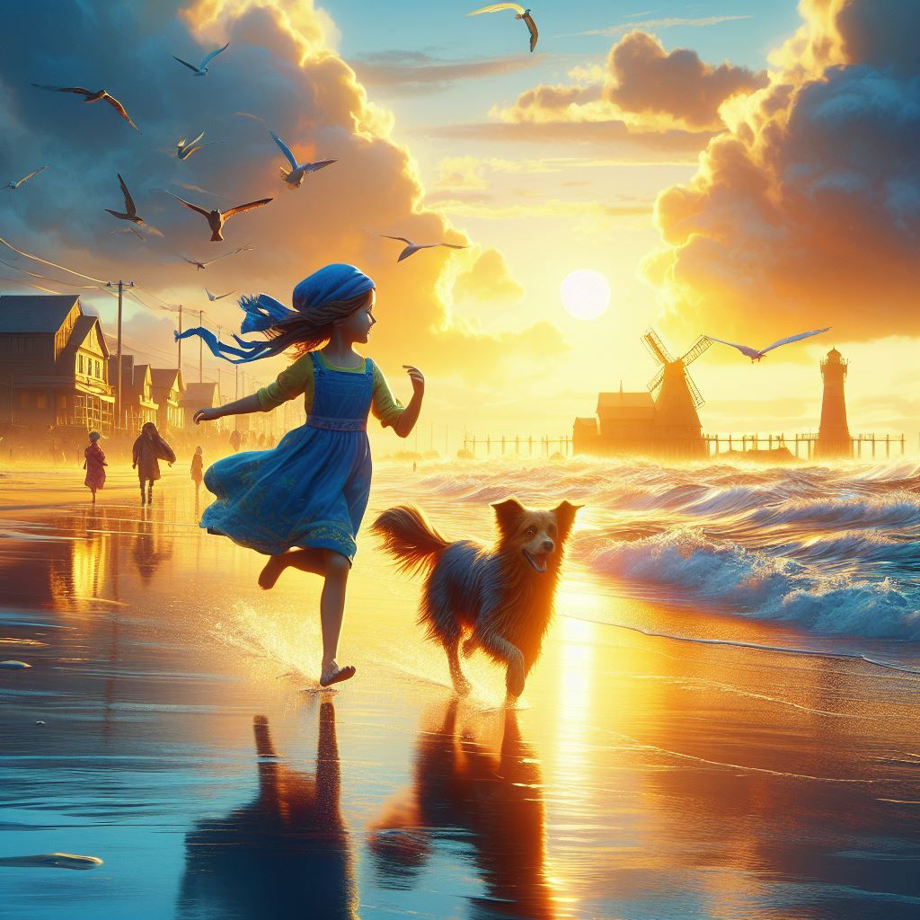 a little girl and her dog running on a beach