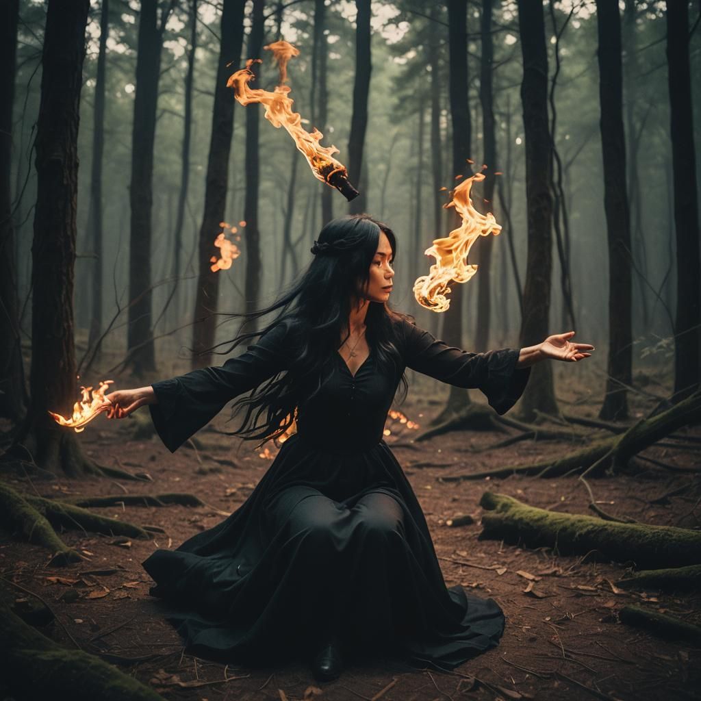 Cinematic Woman with Flame in Dark Forest
