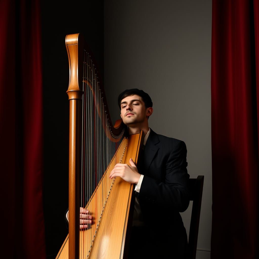 Orthodox Jewish Man Playing Harp in Contemplation