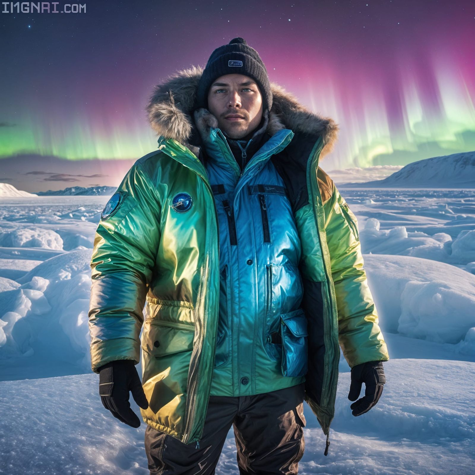 Explorer wearing iridescent parka standing on a frozen waste...