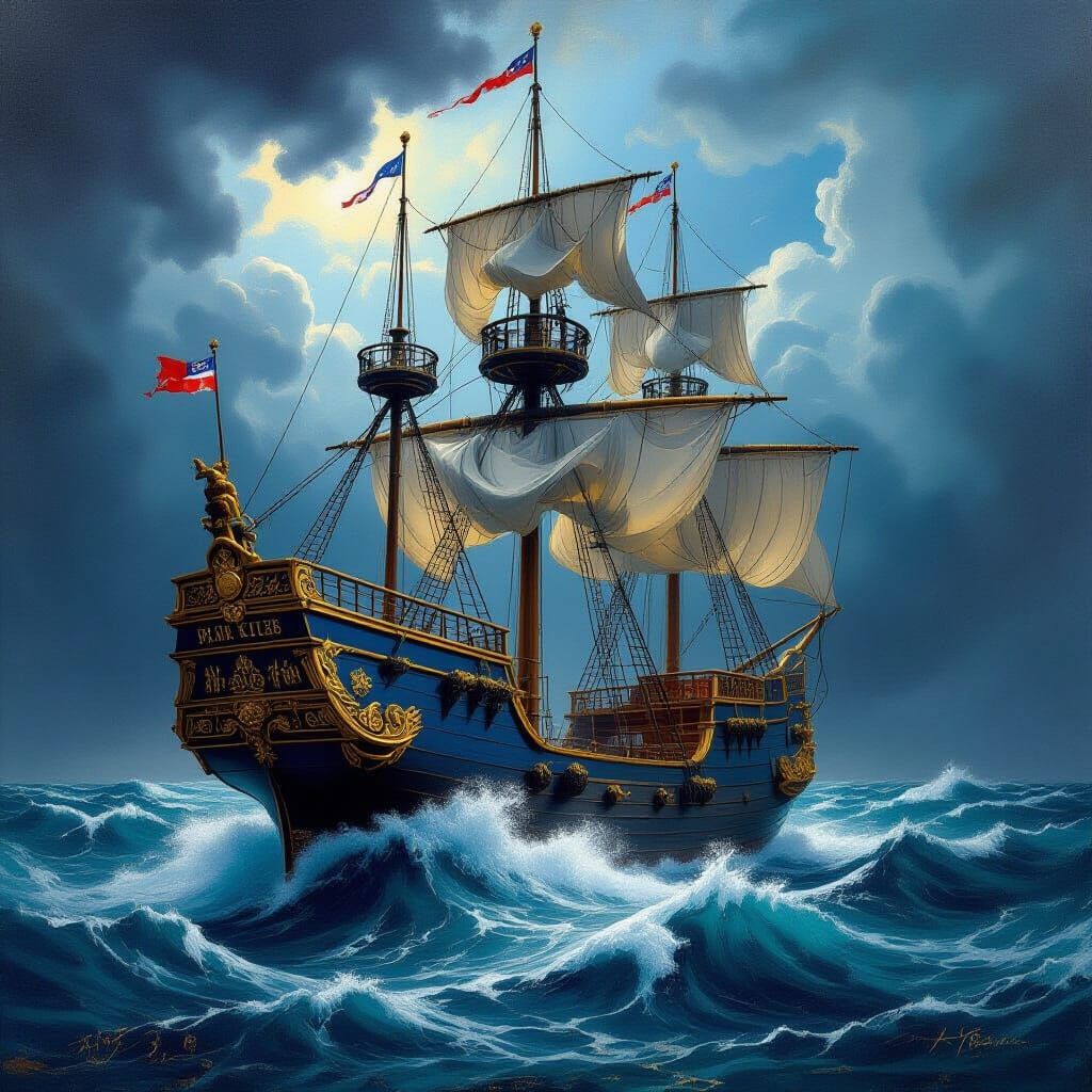 Majestic Blue Baroque Ship on Stormy Sea