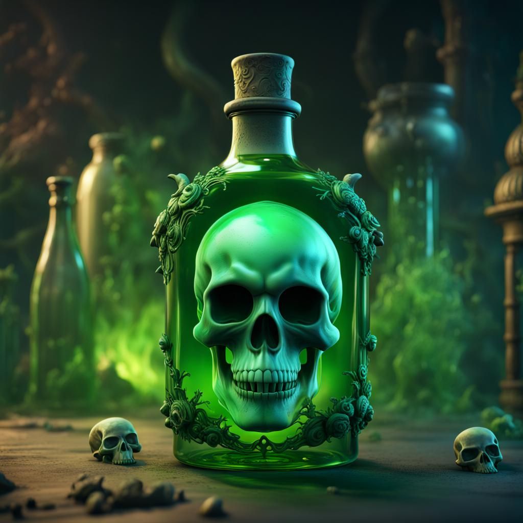 green poisson glass bottle with skull as top with fumes coming out of ...