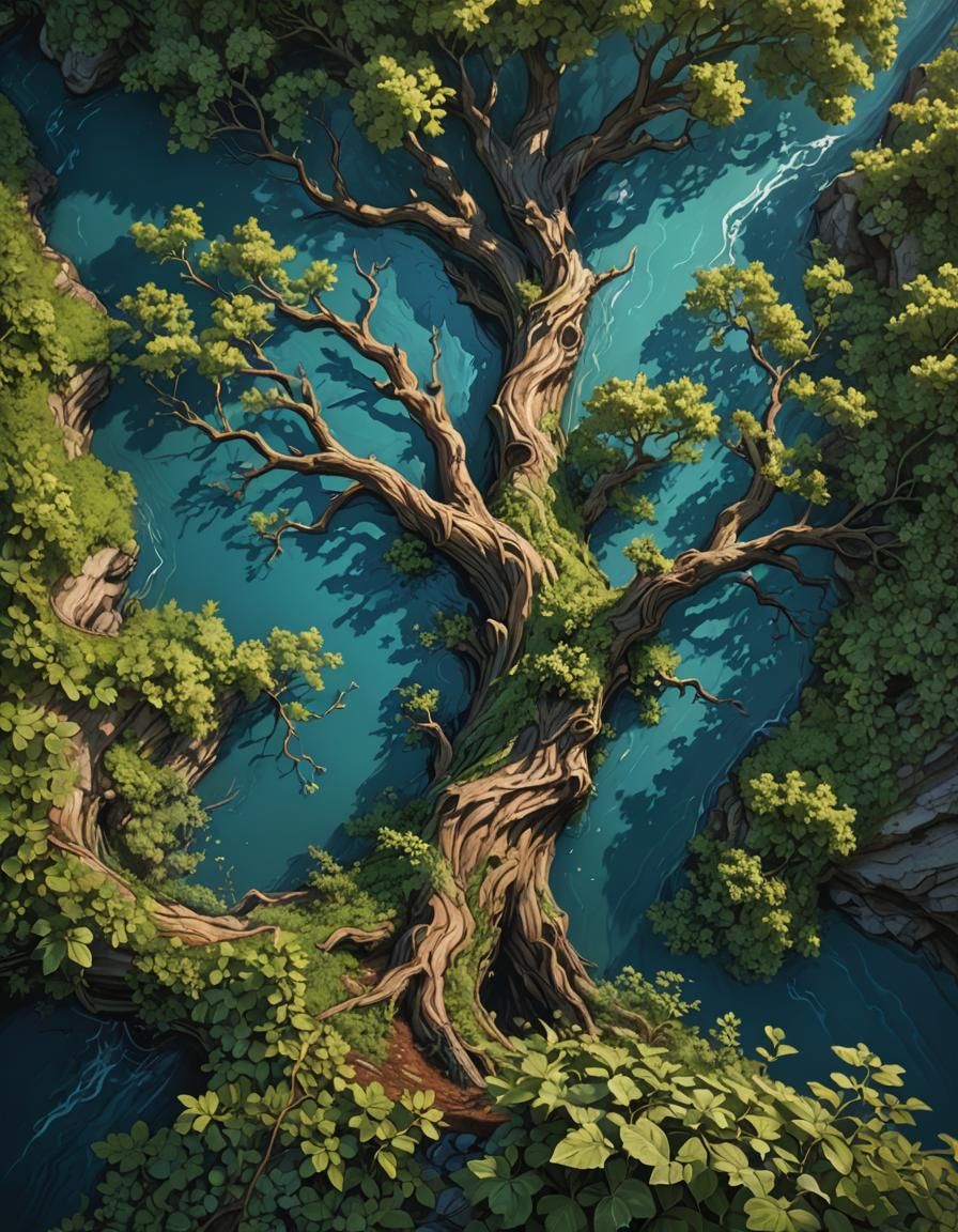 Ravine, top view, deep blue water at the bottom of the ravin...