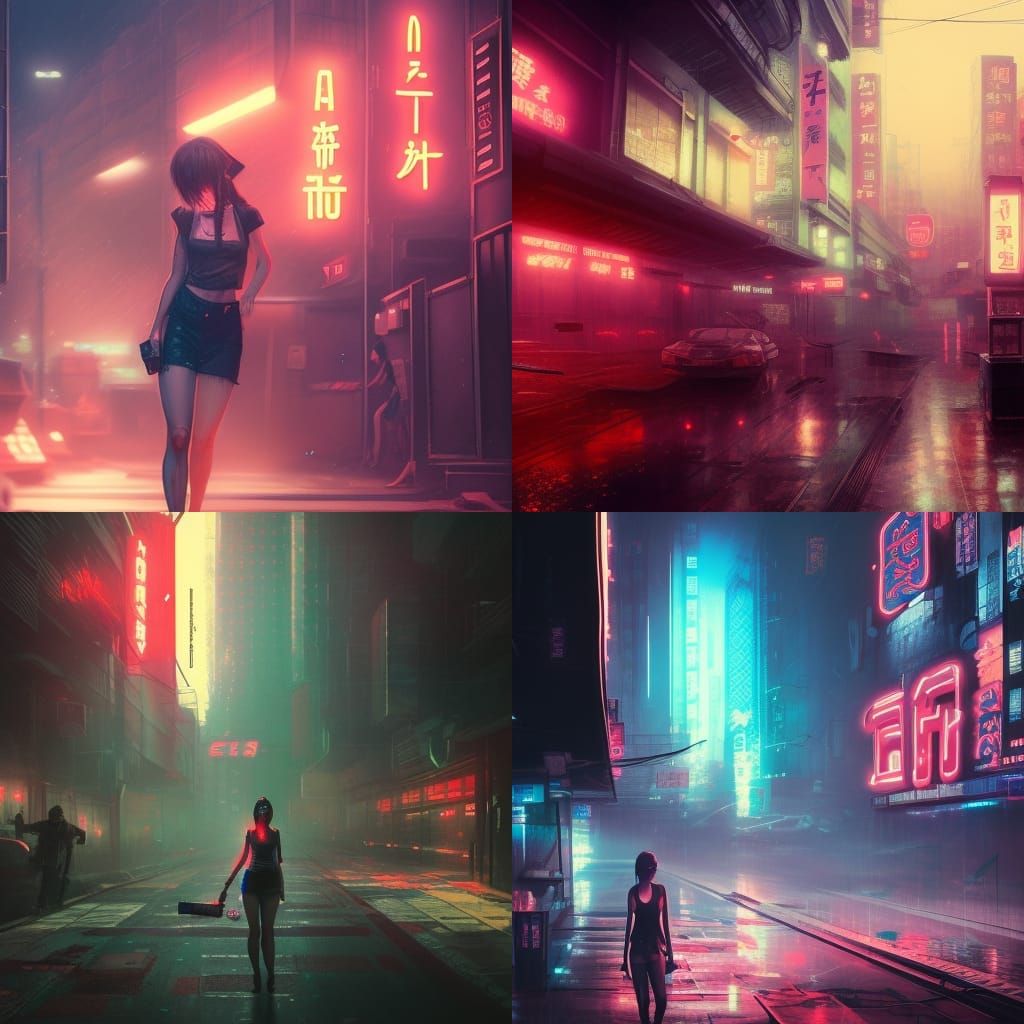 japanese girl tank top dystopia city rain nightclub neon ram...