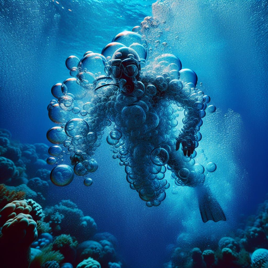 bubbles in the vague shape of a diver underwater.